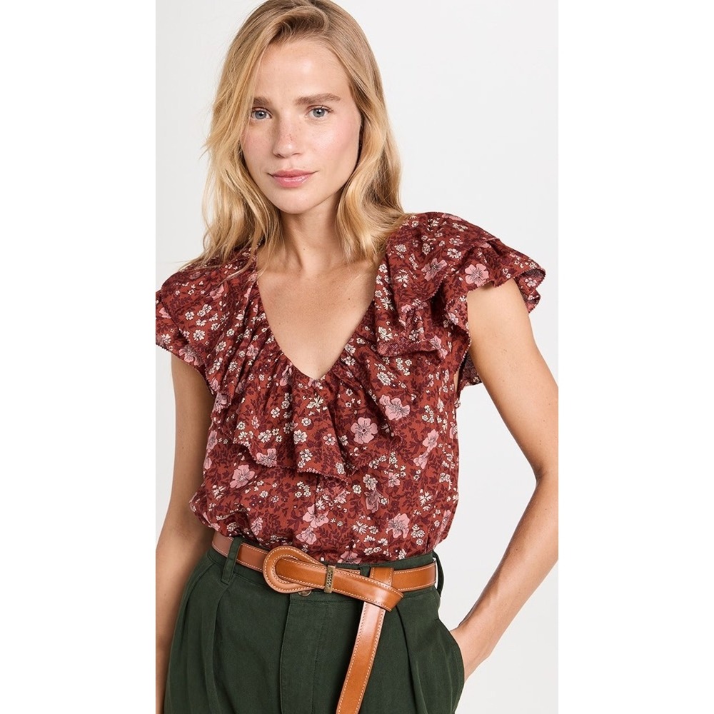 THE GREAT. Women The Topiary Top Spice Mesa Floral Size 3 Large Cotton Ruffle